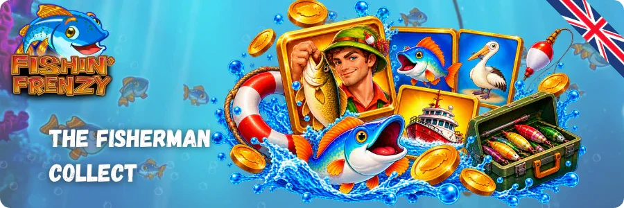 Fisherman Collecting Fish Cash Values During Free Games in the Fishing Frenzy Demo